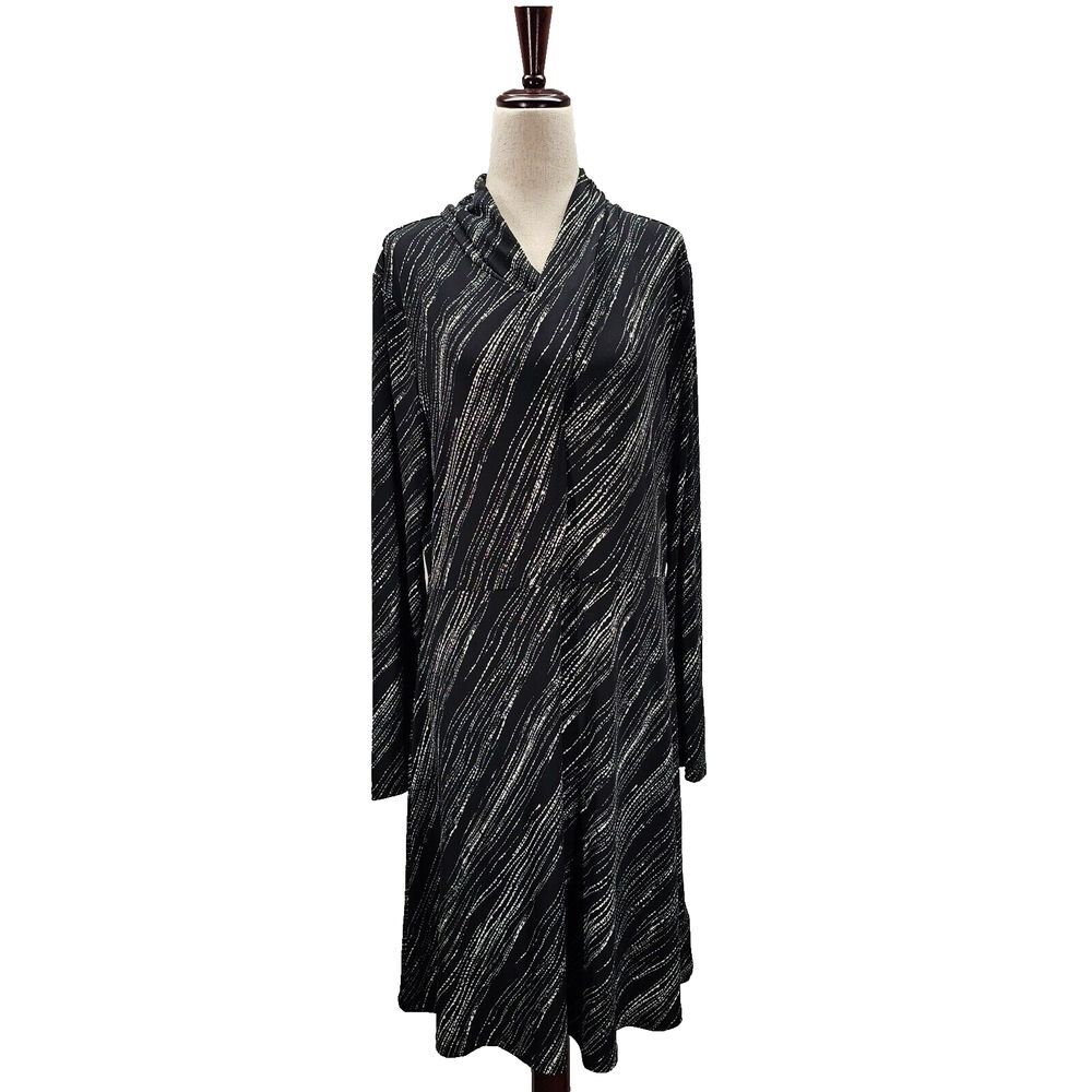 NWT H by Halston‎ Jersey Knit Dress Womens Large Black/Gray Long Sleeve Printed